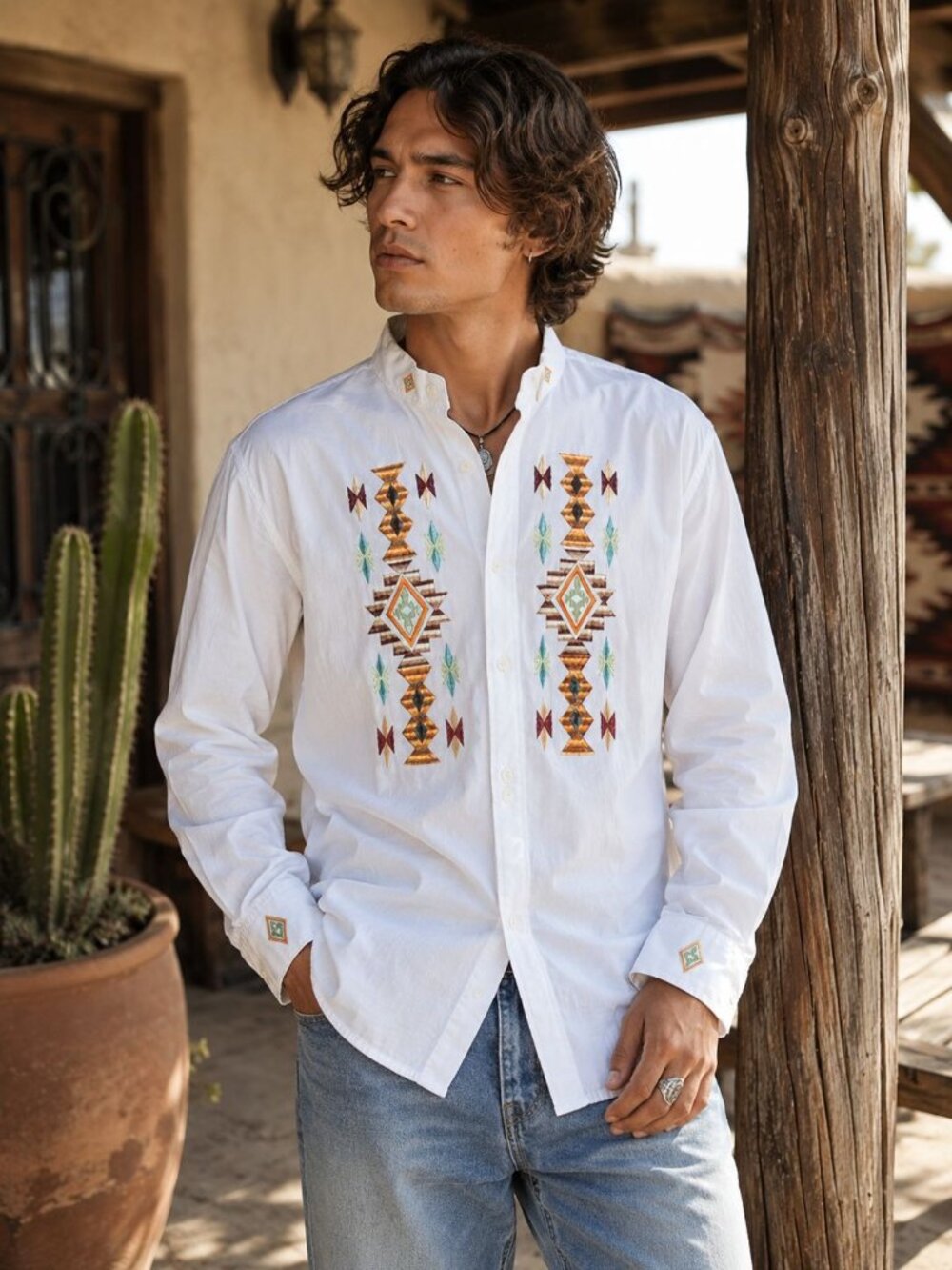 Men's White Embroidered Casual Button-Down Shirt with Southwestern Motif
